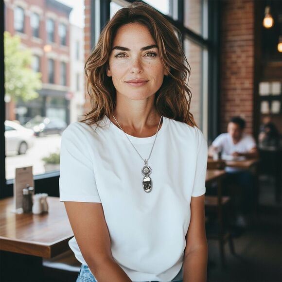 White Buffalo Turquoise Oval Sun Motif Pendant Necklace Sterling Silver New - Picture 6 of 6